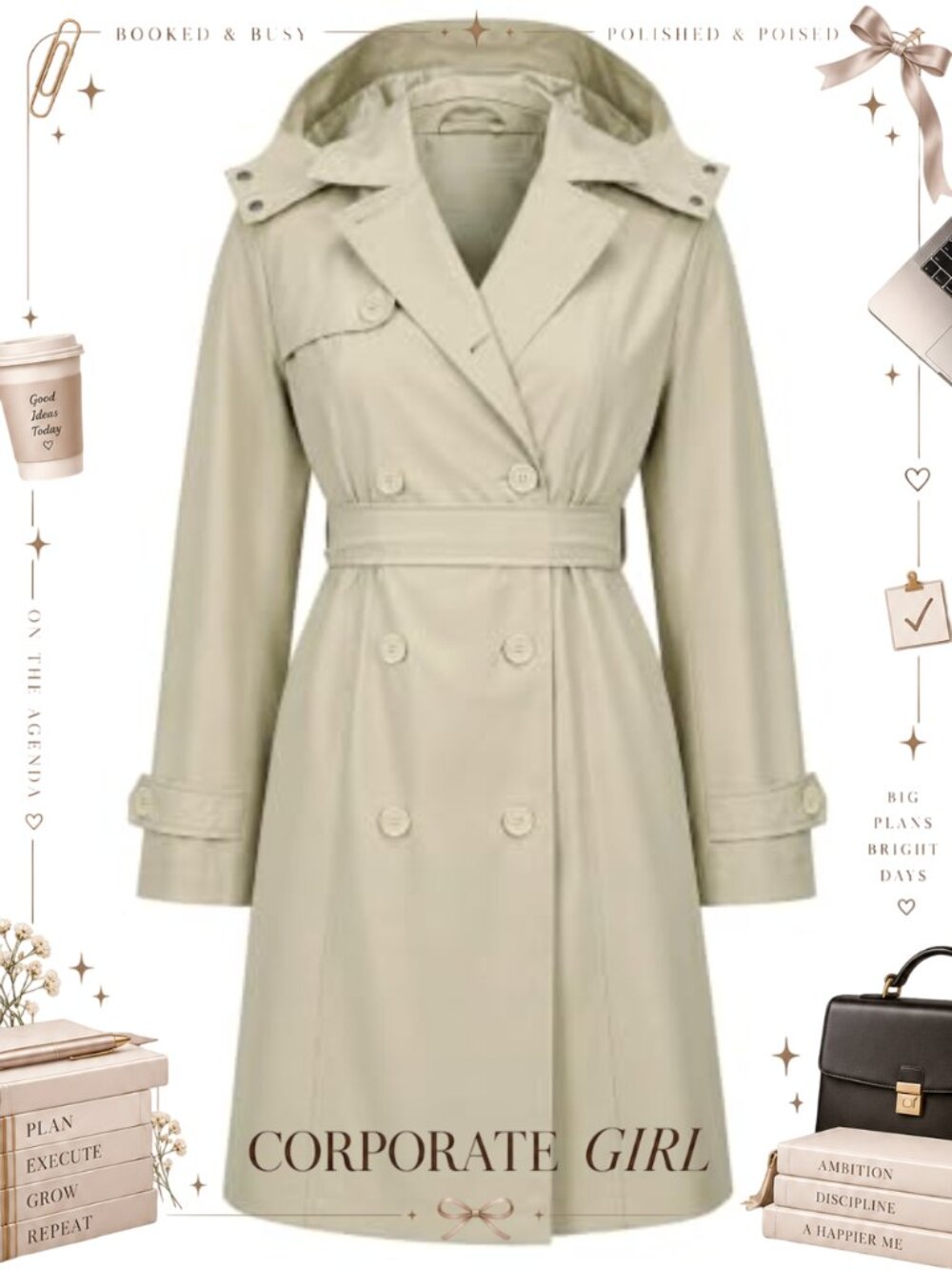 Women's Water Repellent Double Breasted Trench Coat with Hood